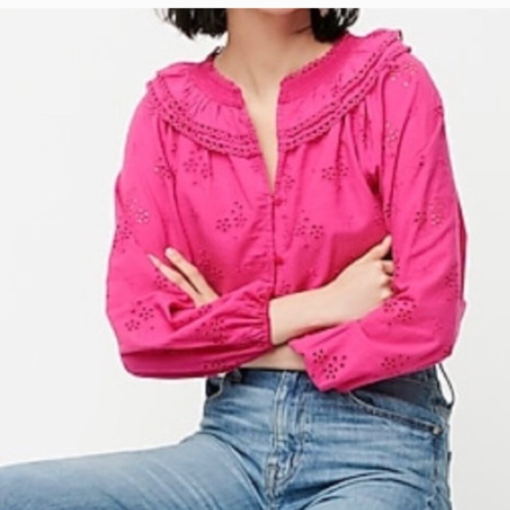 J Crew Button-front eyelet peasant top Fuchsia Blouse Eyelet Trim S hot pink - Picture 2 of 11
